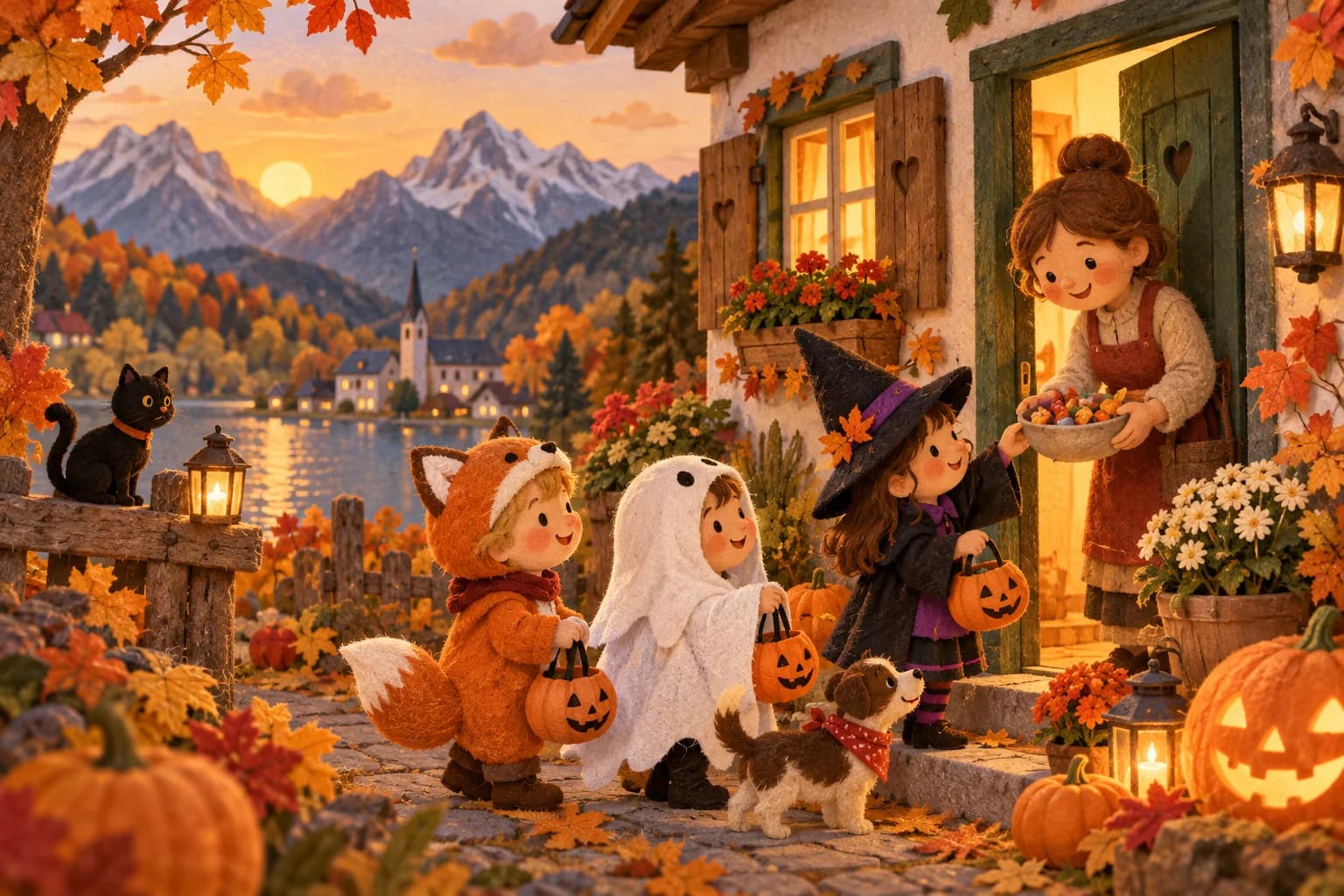 Enfants costumés devant une maison autrichienne décorée de citrouilles en automne