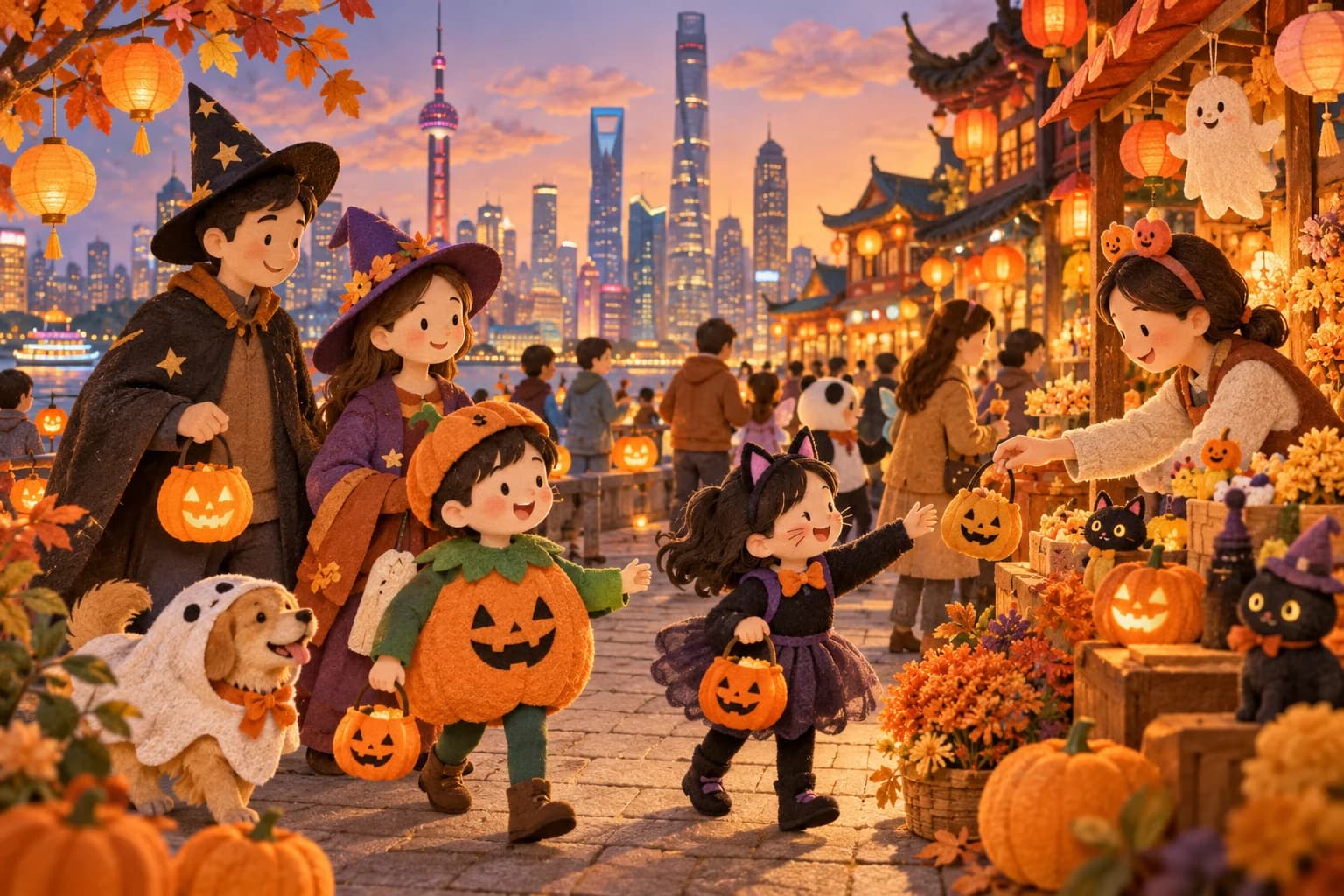 Enfants déguisés dans une grande ville chinoise décorée pour Halloween