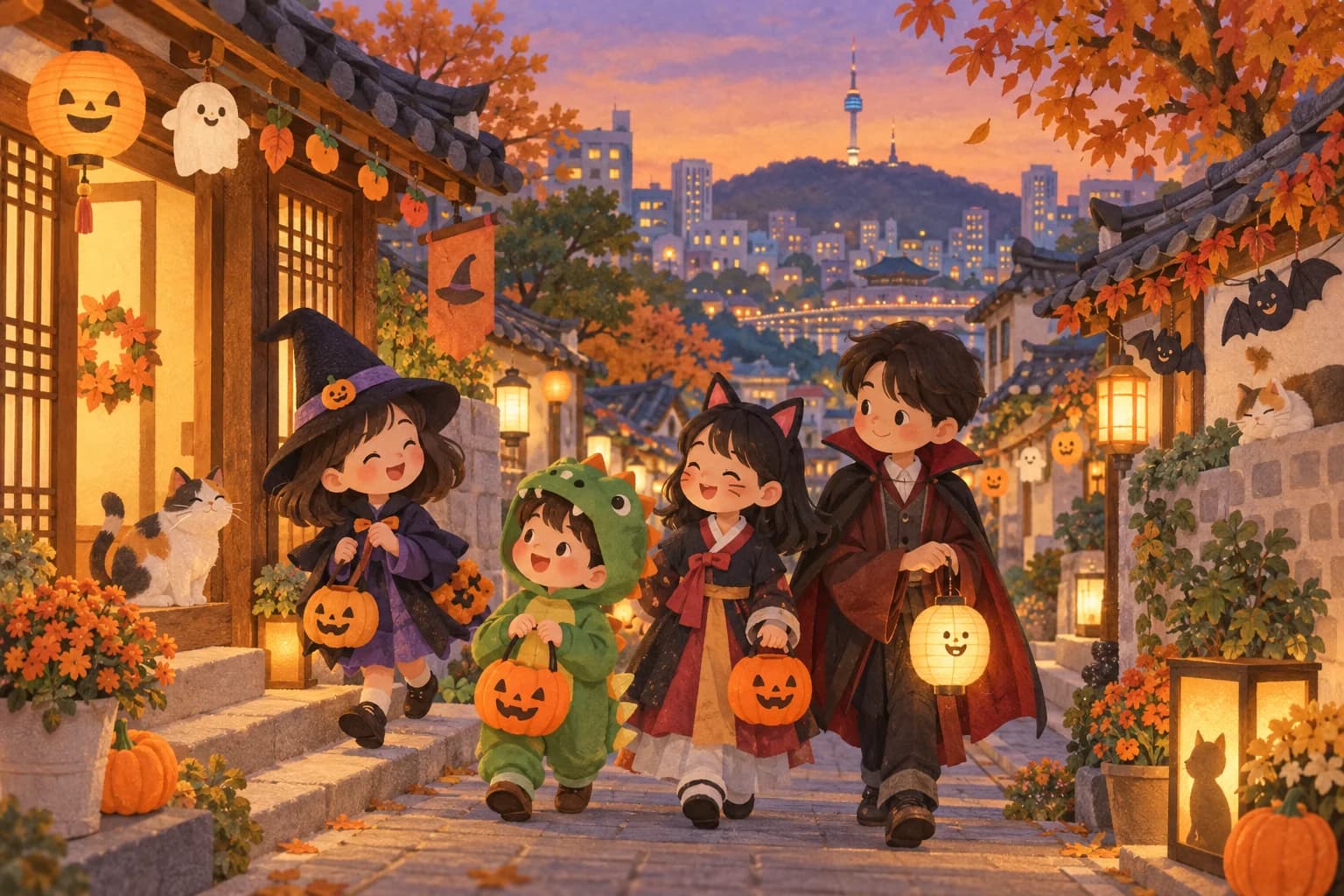 Enfants costumés dans une rue de Séoul décorée pour Halloween