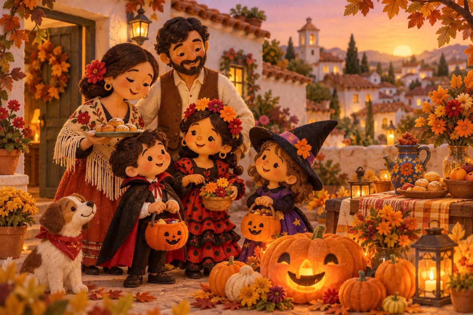 Famille espagnole réunie autour d’une citrouille souriante et de décorations d’automne