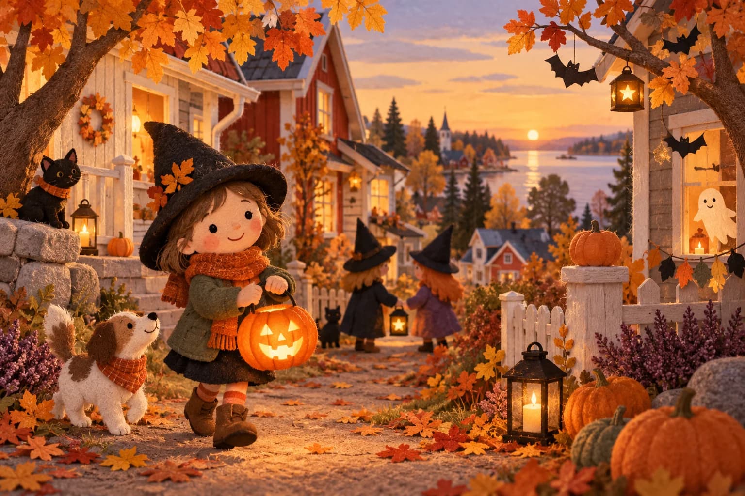 Quartier finlandais en automne avec un enfant et une citrouille souriante
