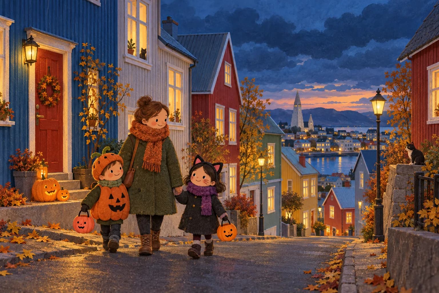 Une famille en manteaux et petits déguisements marche devant des maisons colorées de Reykjavík au crépuscule.