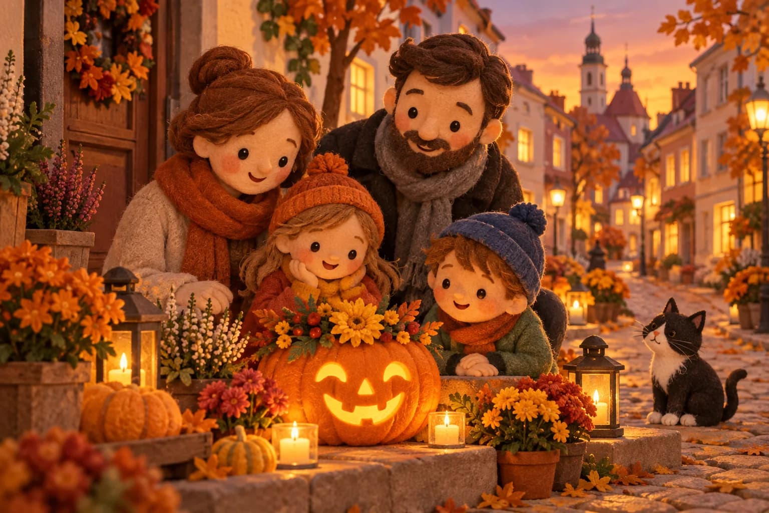Famille polonaise réunie autour d’une citrouille, de fleurs et de petites bougies en automne