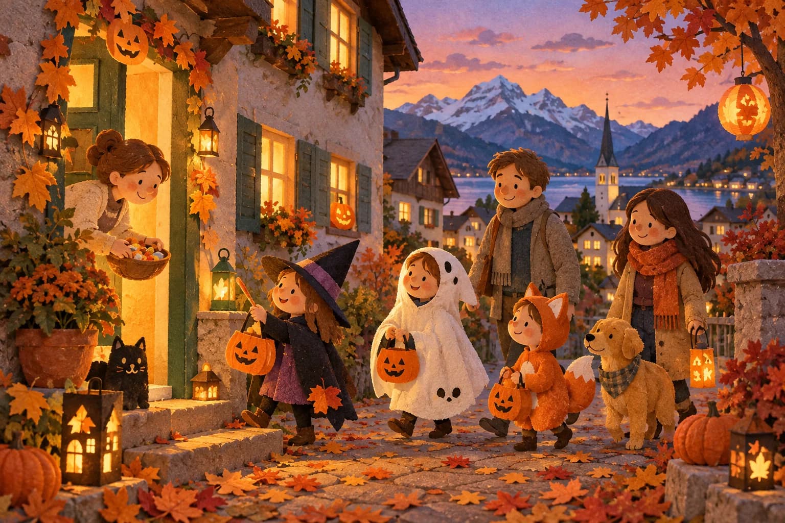Enfants accompagnés de parents dans un quartier suisse décoré doucement pour Halloween