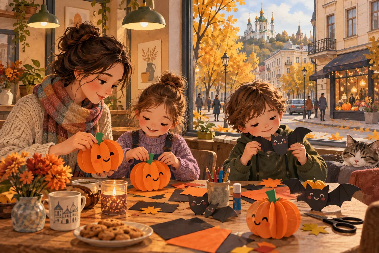 Des enfants et un parent fabriquent des citrouilles en papier dans un atelier donnant sur une rue d’automne en Ukraine.