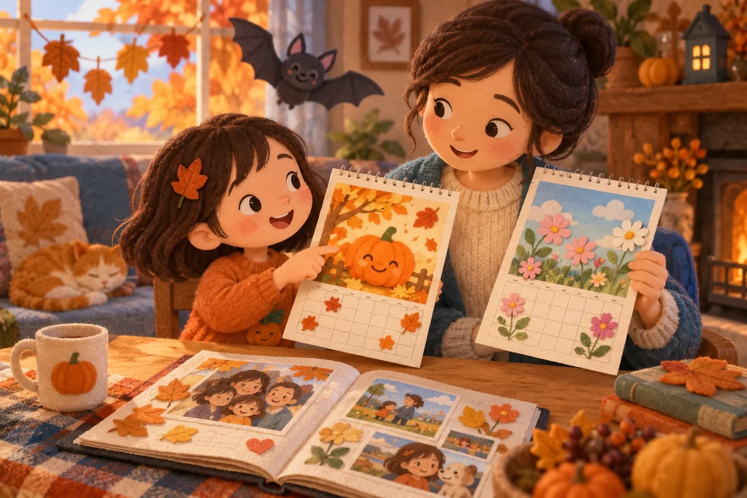 Un enfant et un parent comparent Halloween et la Toussaint dans une ambiance d’automne douce