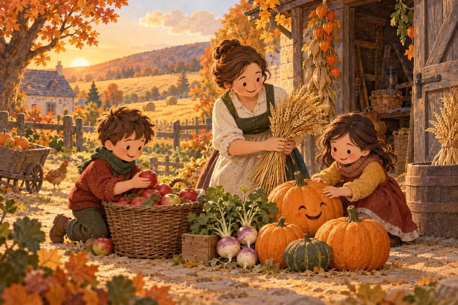 Deux enfants et un parent réunissent pommes, navets, céréales et citrouilles dans une cour de ferme en automne.