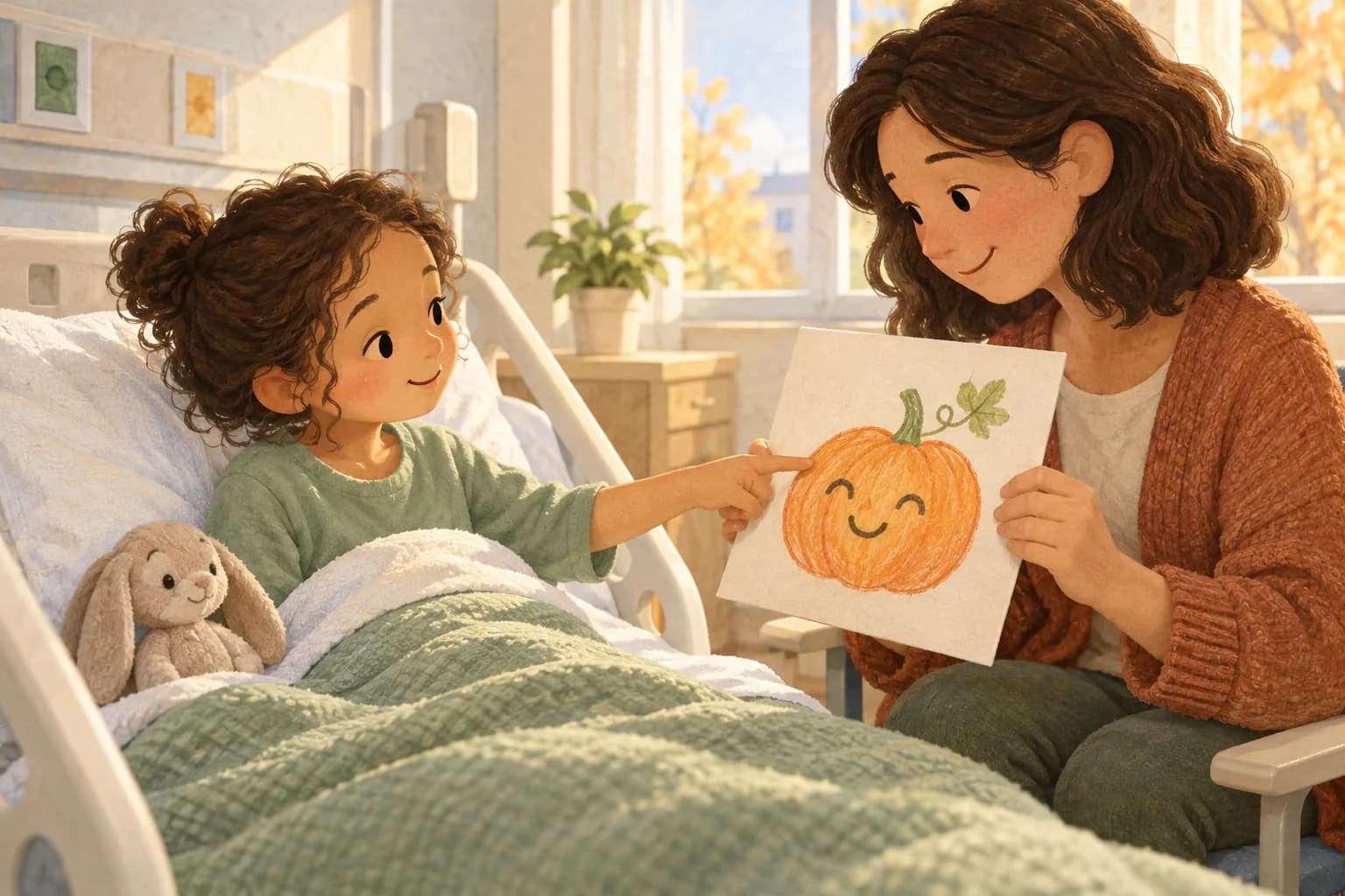 Un enfant et son parent imaginent une citrouille souriante sur une feuille, dans une chambre d’hôpital lumineuse.