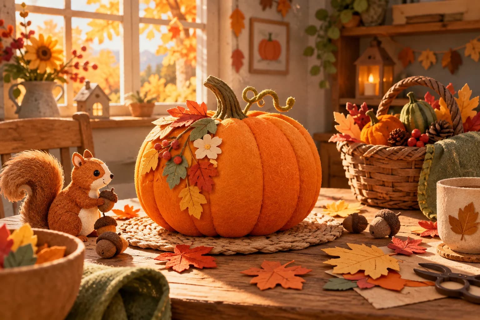 Citrouille orange entourée de feuilles d’automne sur une table décorée