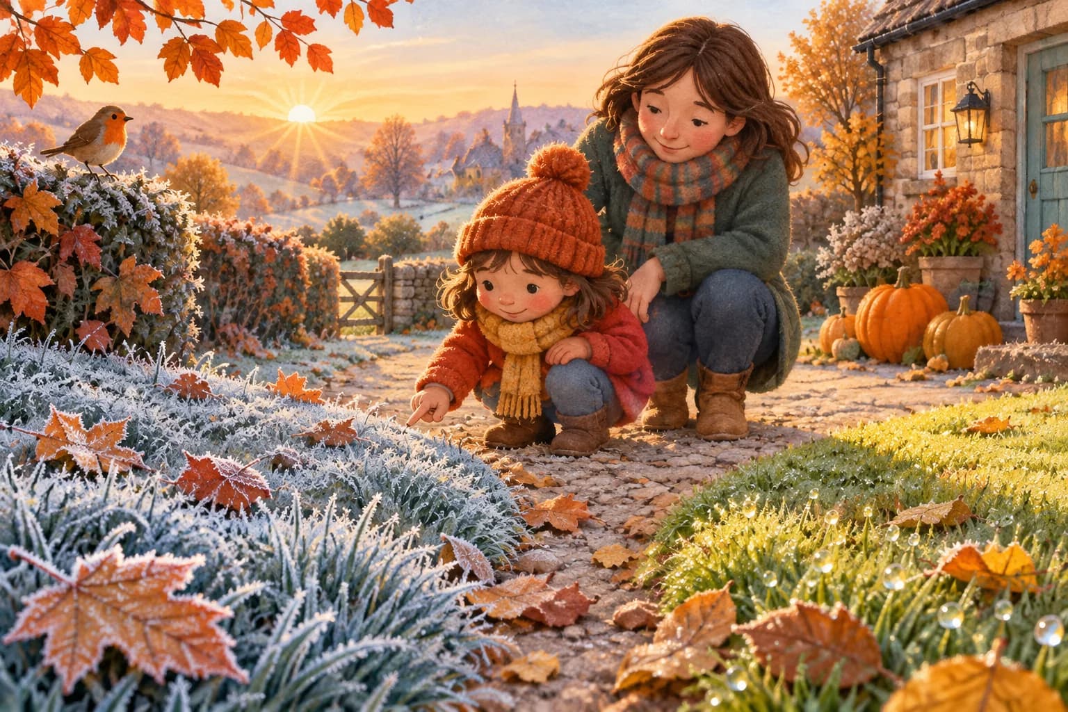 Un enfant et un adulte observent le givre sur l’herbe et les feuilles, entre ombre et soleil dans un jardin d’automne.
