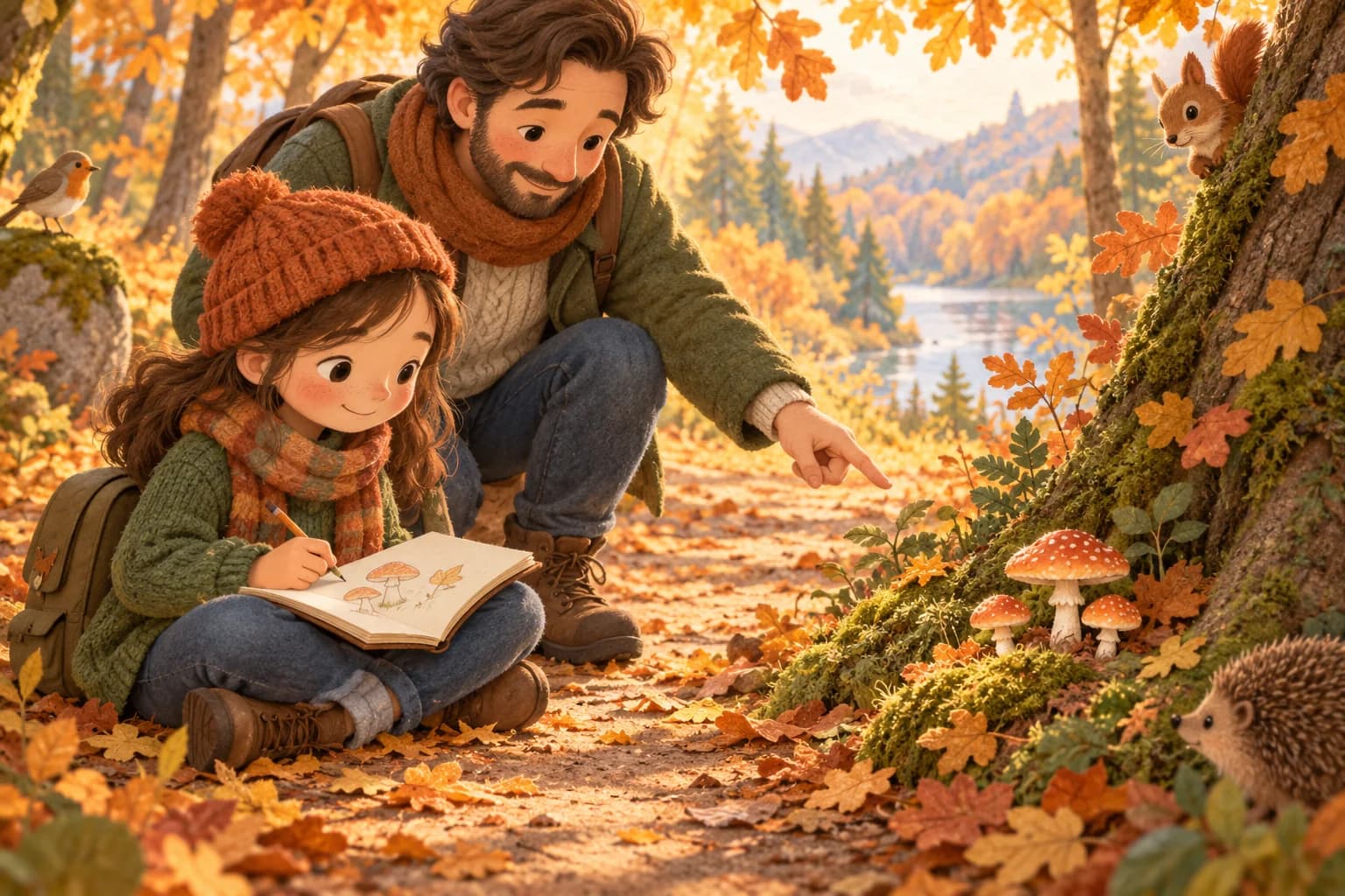 Un enfant dessine des champignons en forêt avec un parent, sans les toucher ni les cueillir.
