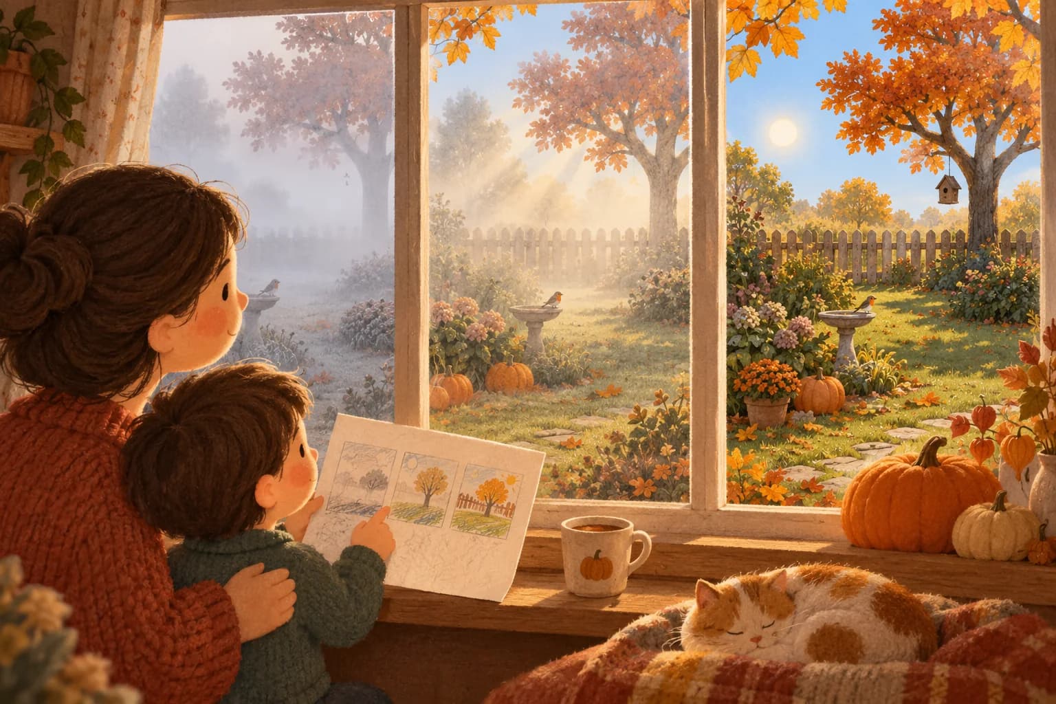 Un enfant et un parent observent un jardin dont le brouillard se dissipe progressivement au soleil.