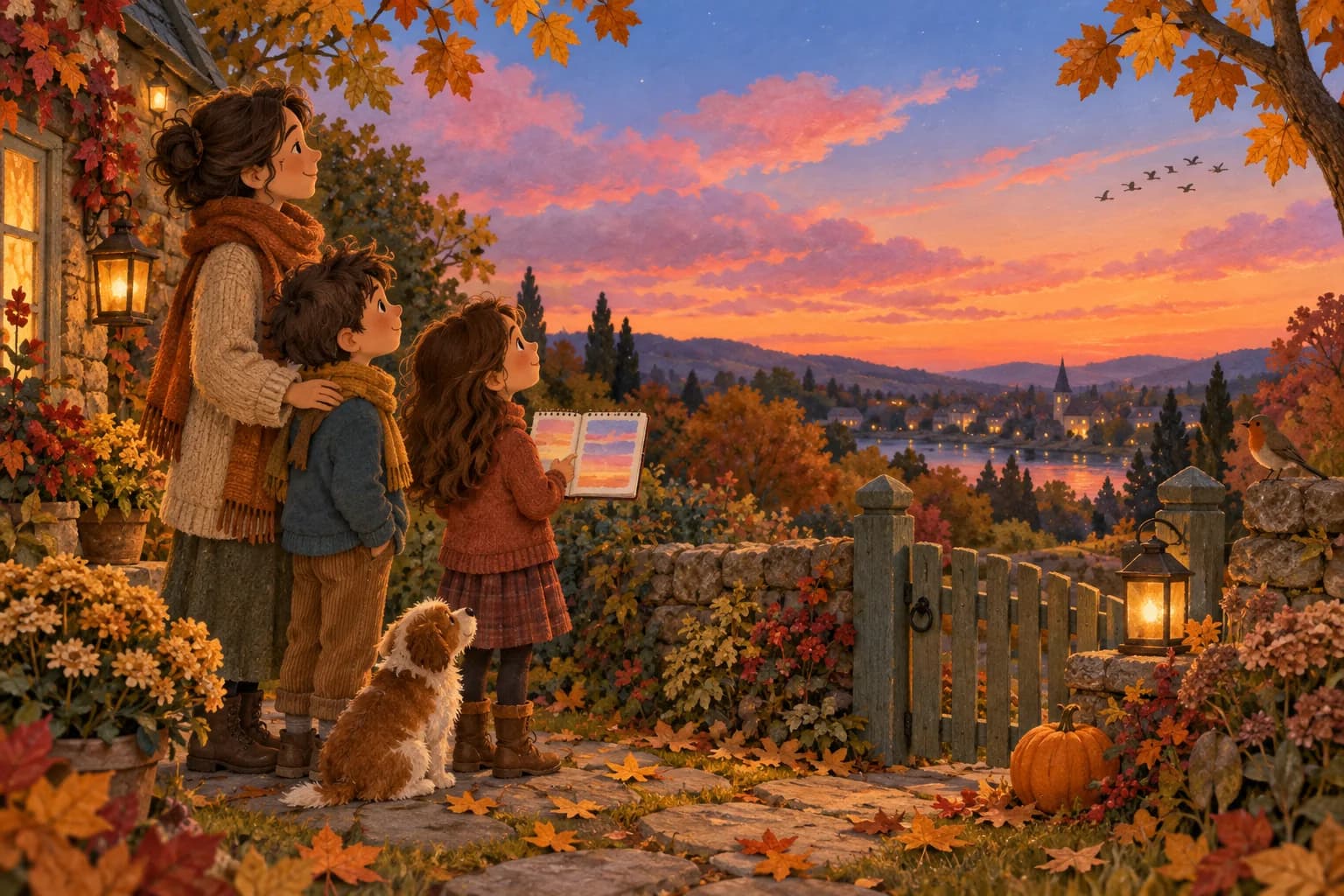 Deux enfants et un parent observent un ciel d’automne orange et rose, avec un carnet pour dessiner les couleurs.