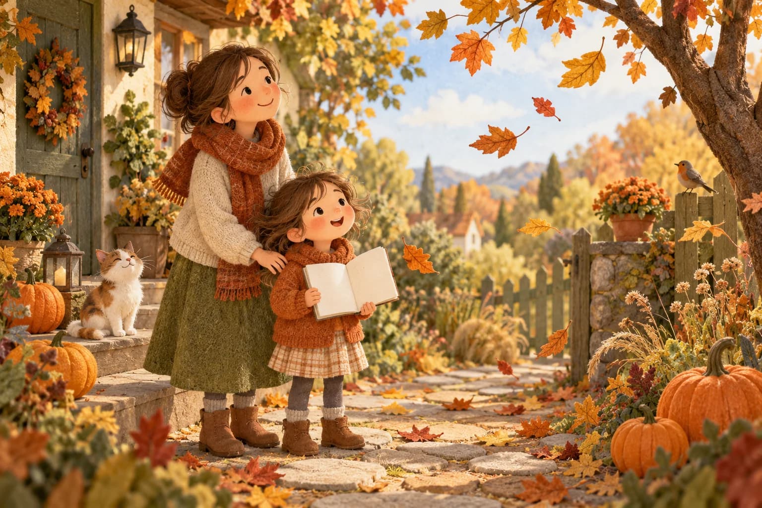 Un enfant et un parent observent des feuilles emportées par une brise dans un jardin d’automne.