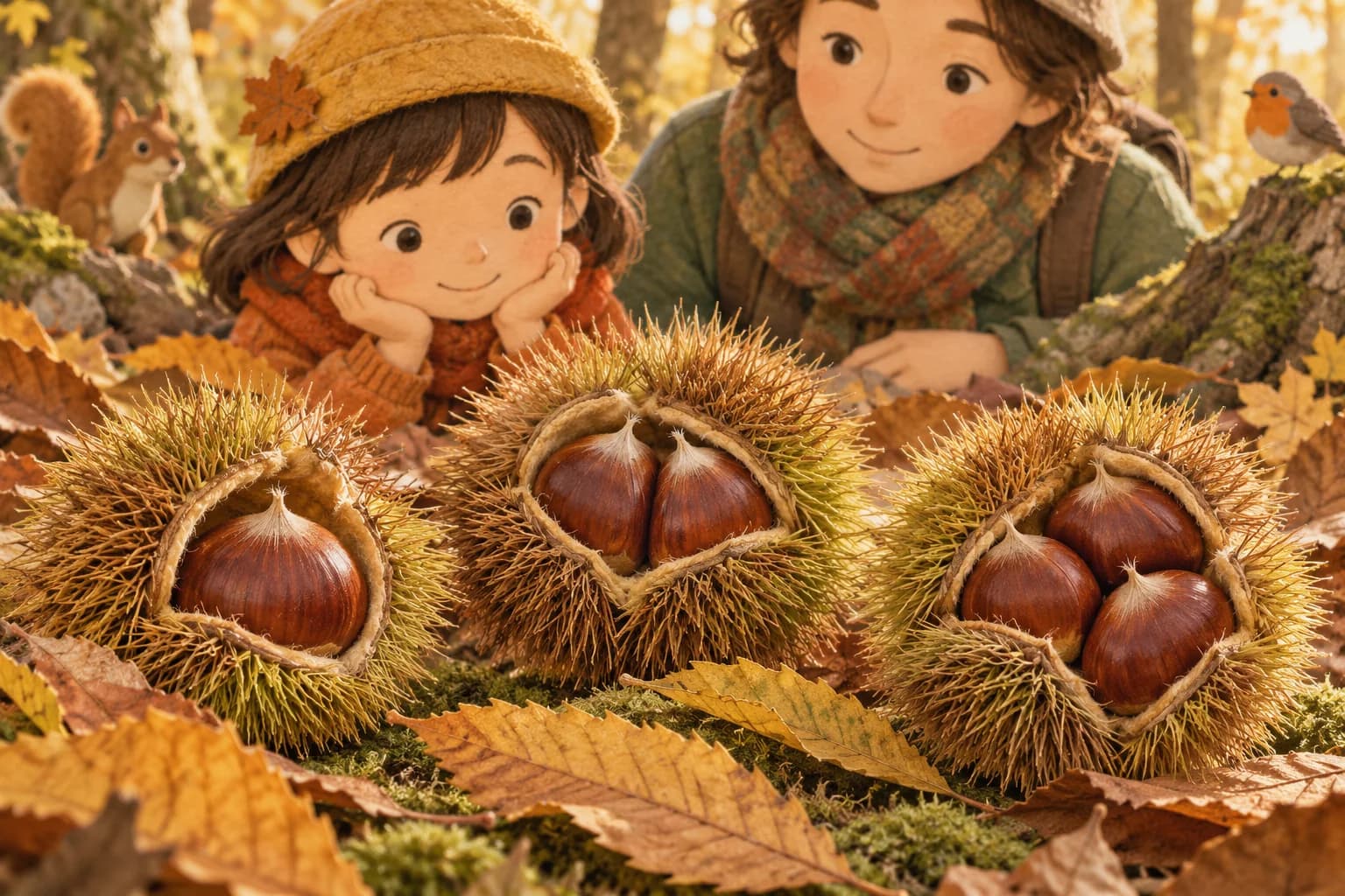 Trois bogues ouvertes contenant une, deux et trois châtaignes, observées par un enfant et un adulte.