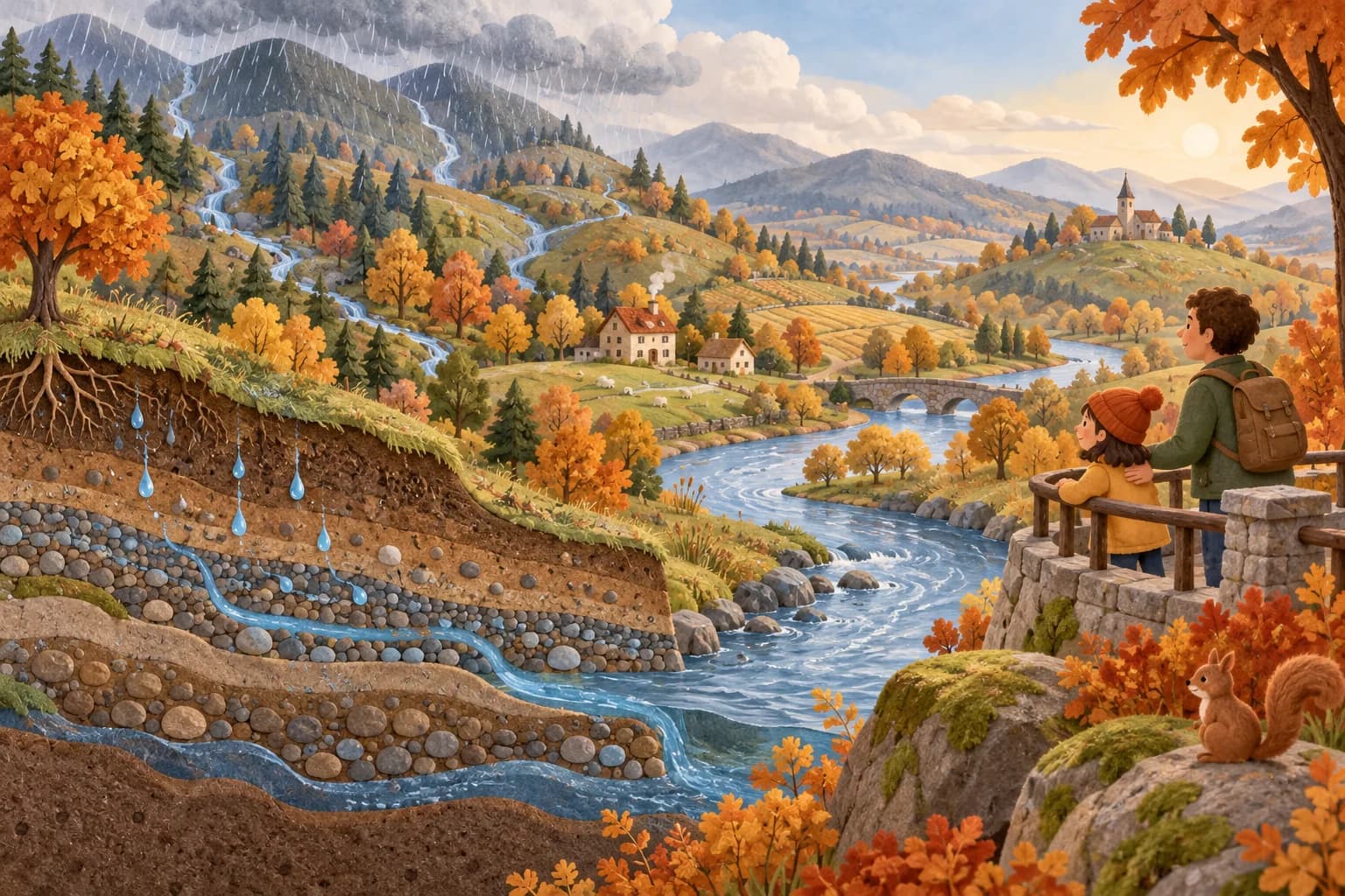 Paysage d’automne où la pluie alimente des ruisseaux et une rivière, avec une coupe montrant l’eau dans le sol.