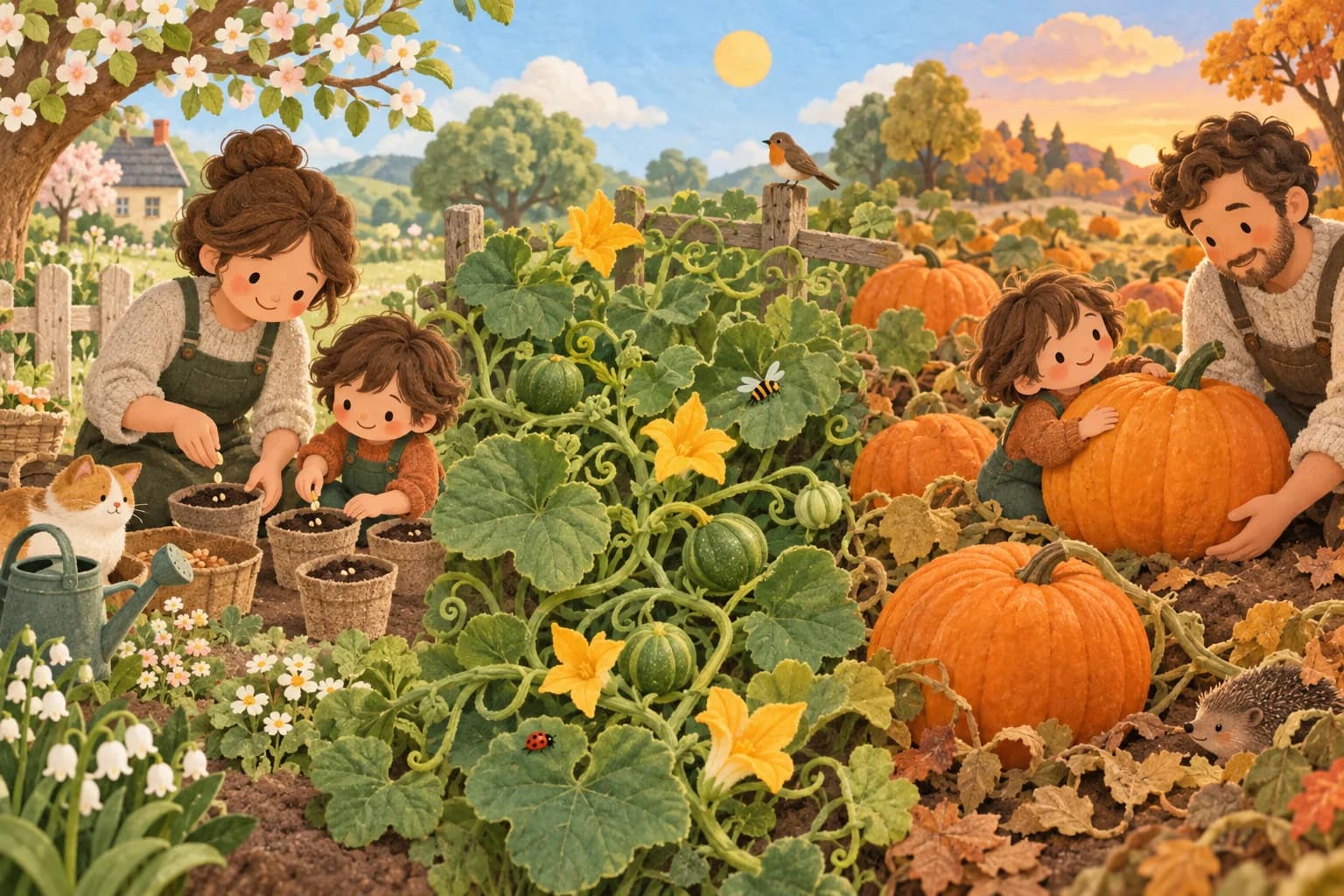 Un enfant et un parent suivent la croissance des citrouilles, du semis de printemps à la récolte d'automne.