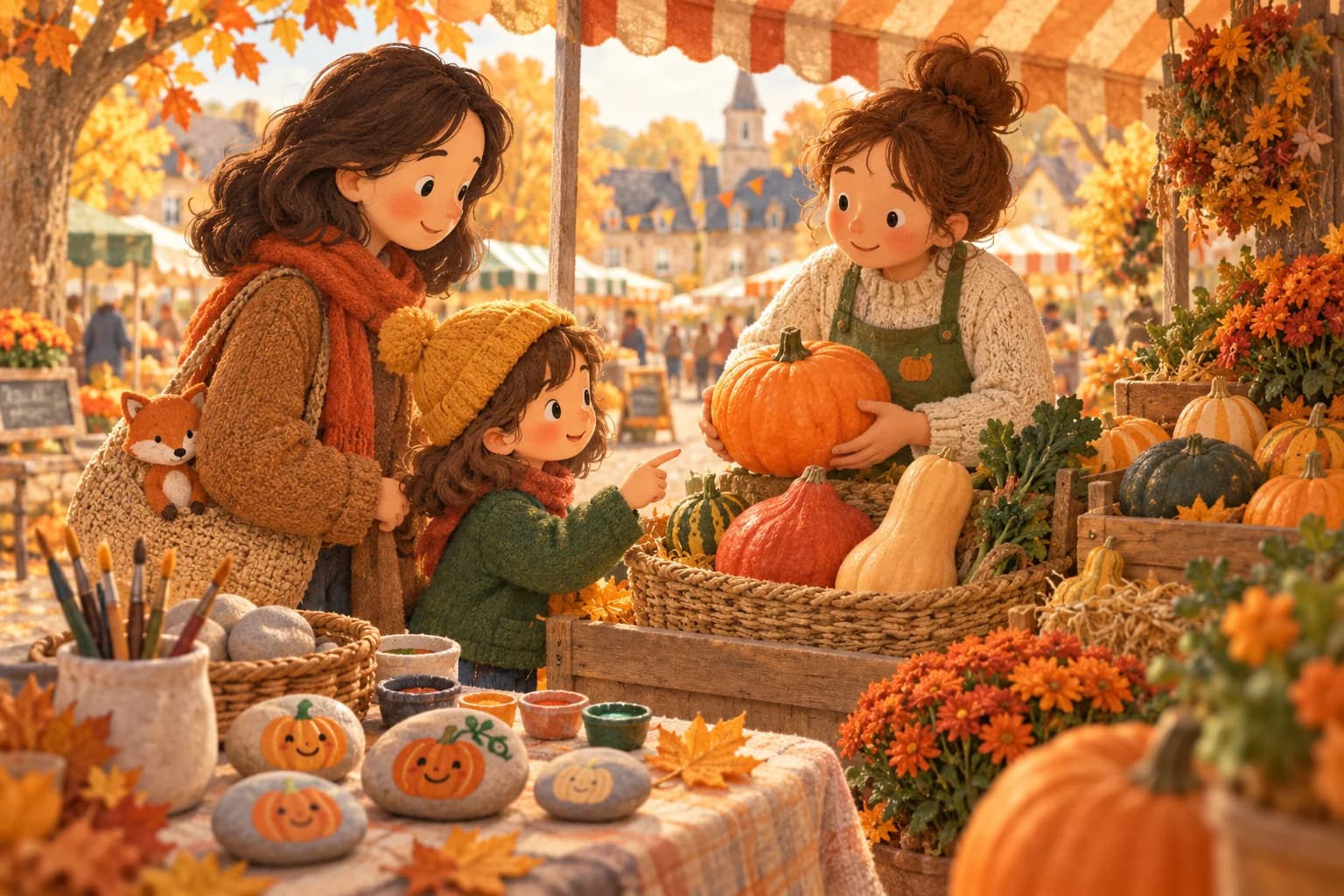 Un parent et un enfant choisissent des courges au marché, près de pierres peintes en citrouilles.