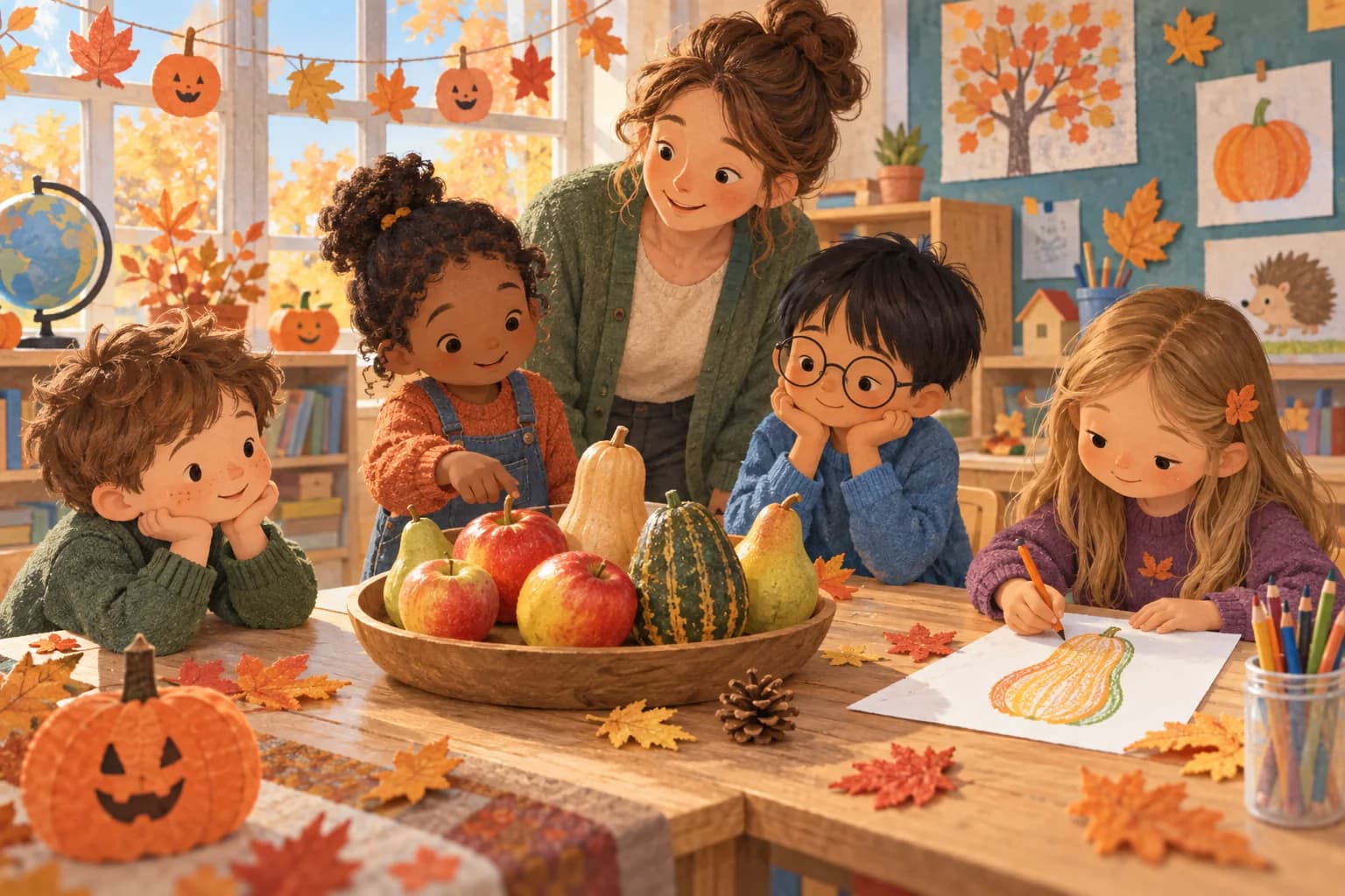Des enfants et leur enseignante observent des pommes, des poires et des courges dans une classe décorée pour l’automne.