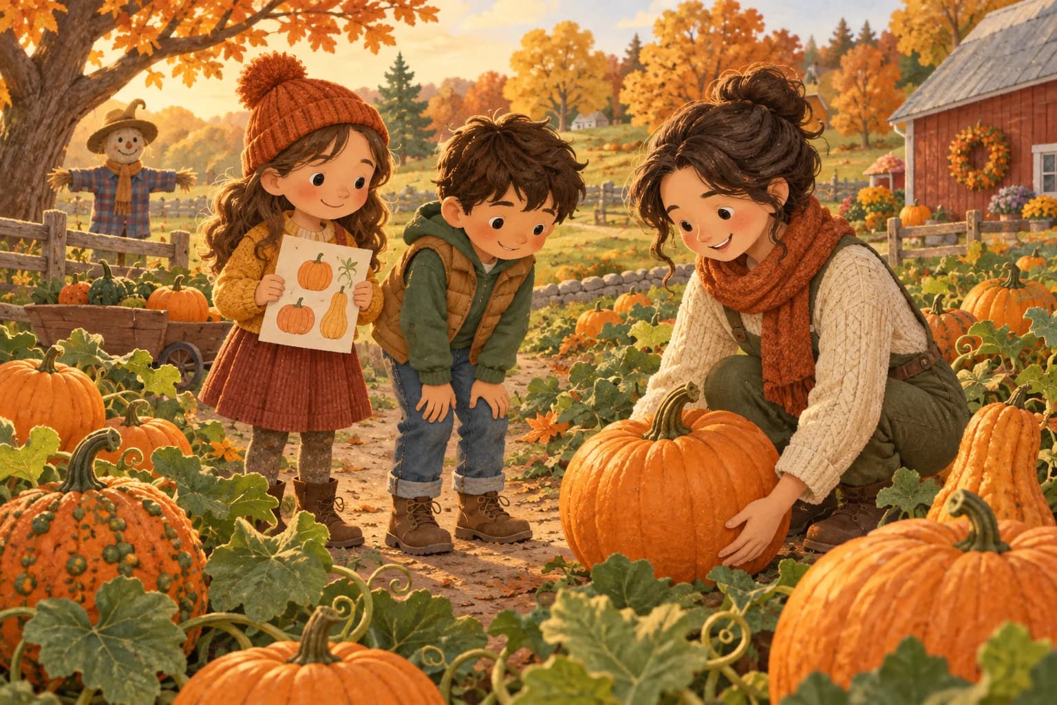 Une famille observe des citrouilles dans un champ d’automne ; un enfant dessine ses découvertes.