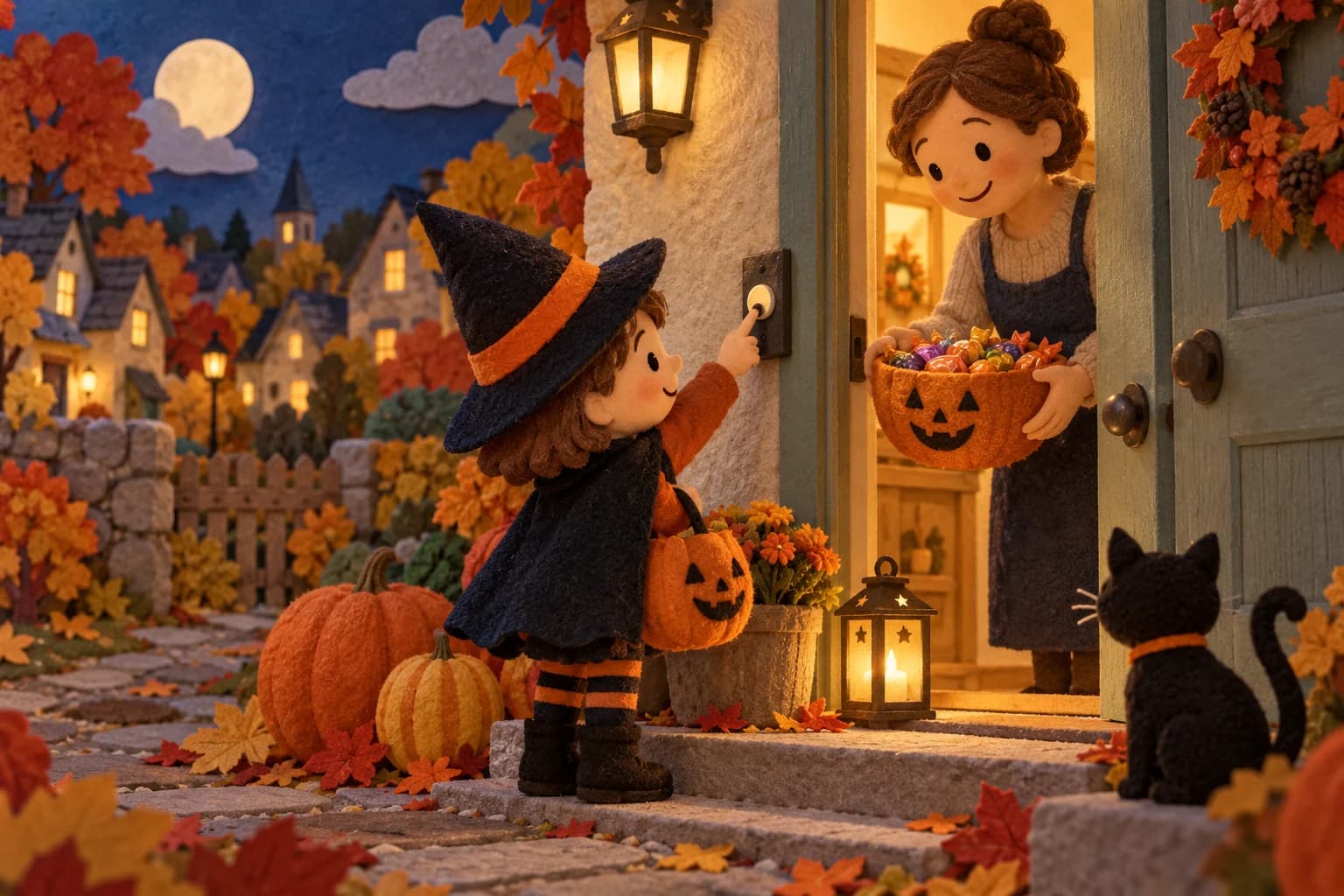 Deux enfants costumés saluant une personne souriante qui ouvre une porte décorée pour Halloween.