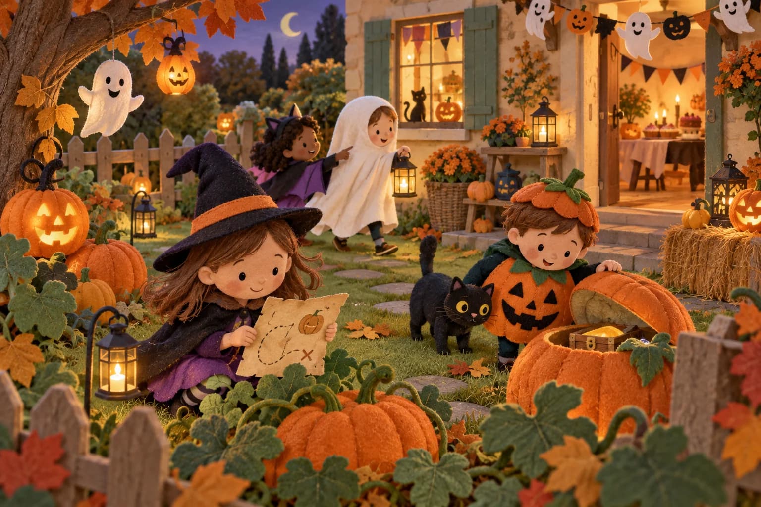 Enfants déguisés participant à une chasse aux bonbons dans un jardin décoré de citrouilles souriantes.