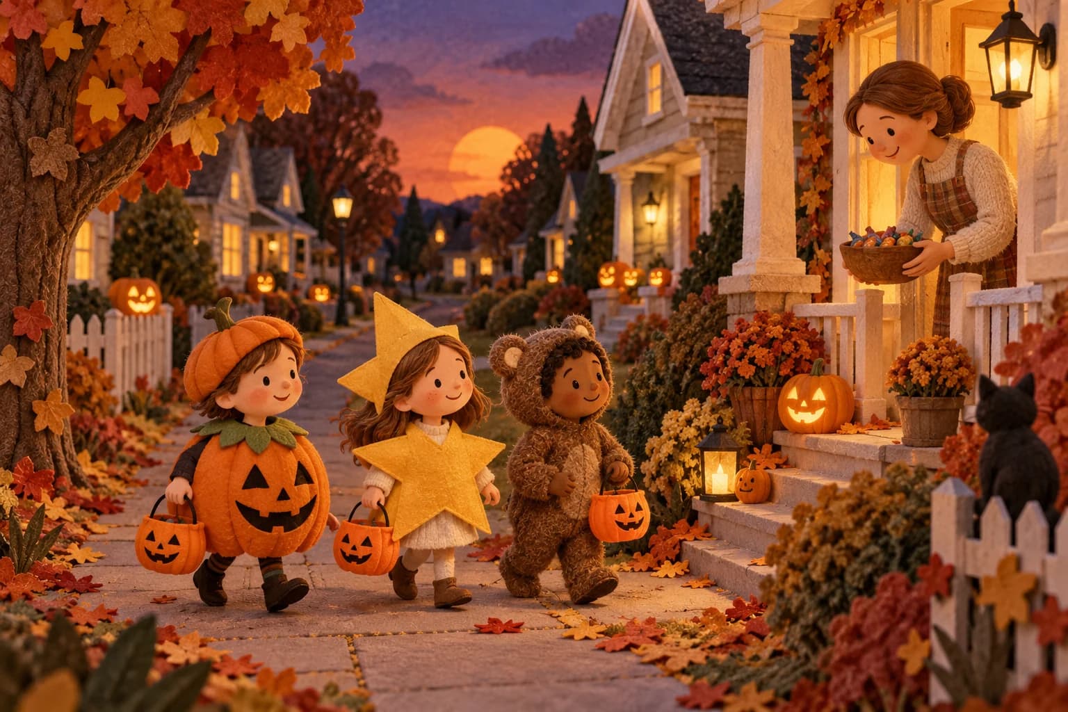 Enfants déguisés avec de petits paniers, devant une maison décorée de citrouilles souriantes.