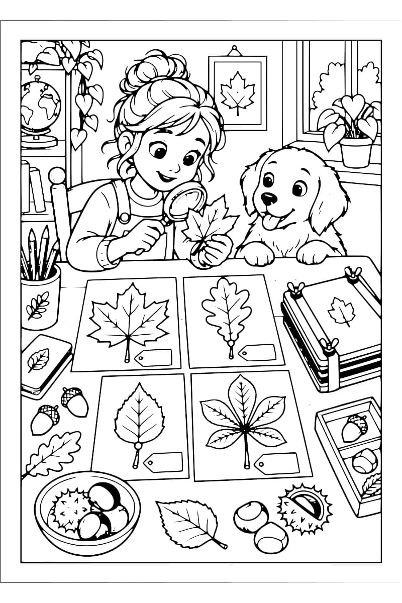 Dessin en noir et blanc montrant une enfant et un chien à une table, avec une loupe, des feuilles classées sur des fiches, des livres, des glands et des châtaignes.