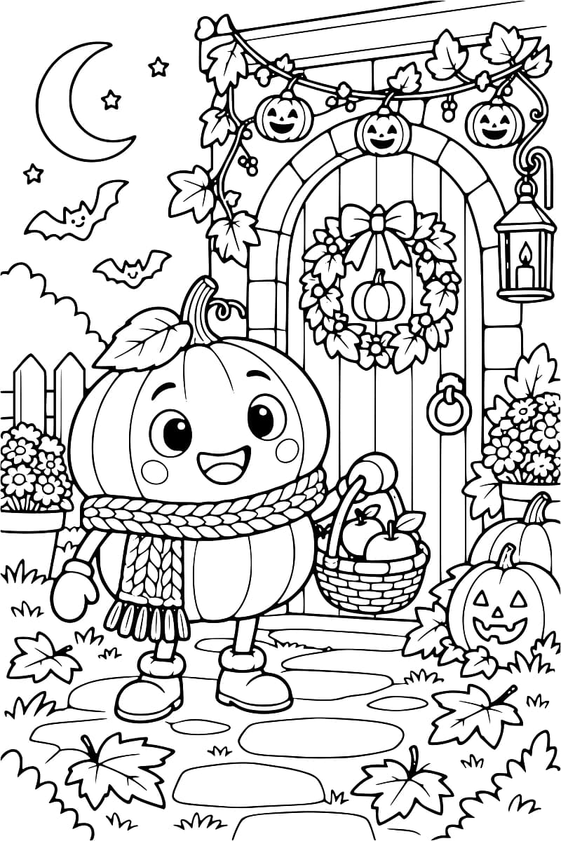 Citrouille mascotte souriante devant une porte ornée d’une couronne de feuilles et de citrouilles, avec des chauves-souris, une lune et une lanterne.