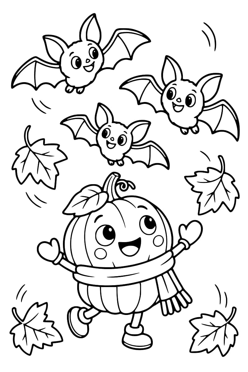 Une citrouille souriante portant une écharpe et un bonnet en forme de feuille court sous trois chauves-souris ailées, entourée de feuilles d’automne.