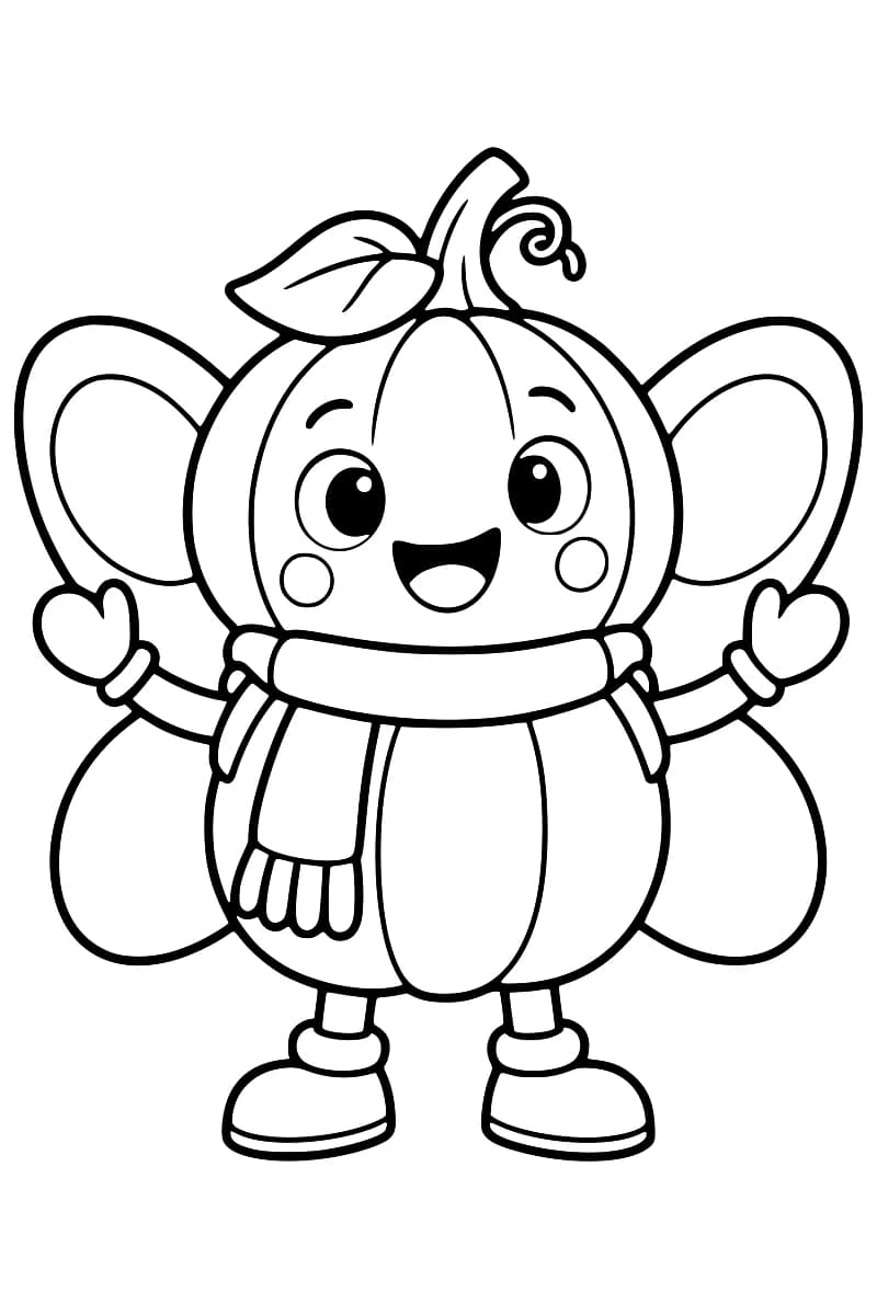 Mascotte citrouille souriante debout avec une écharpe, un chapeau-feuille et deux grandes ailes de déguisement.
