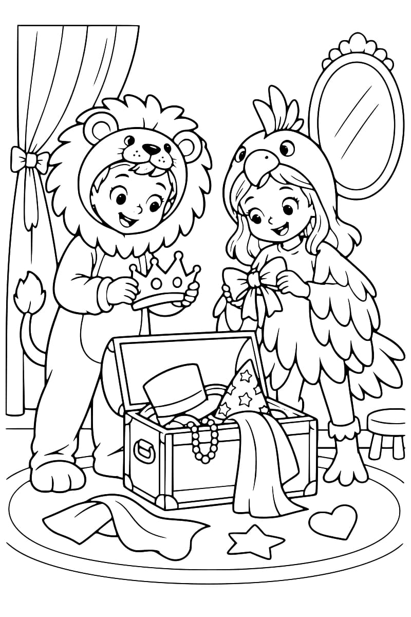 Coloriage de deux enfants en costumes de lion et d’oiseau, tenant une couronne et un grand nœud devant un coffre ouvert contenant des chapeaux, un collier et du tissu. Un miroir ovale et un rideau se trouvent derrière eux.