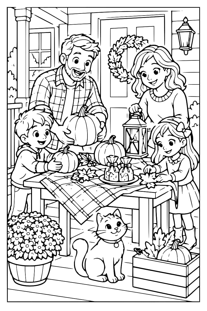 Une famille installe des décorations automnales sur une table de porche, avec des citrouilles, des lanternes et un chat.