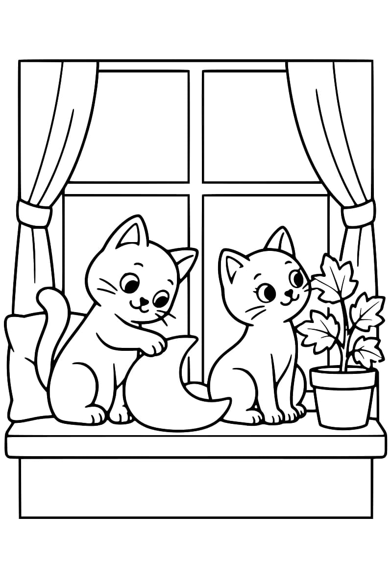 Dessin en noir et blanc représentant deux chats assis sur un rebord de fenêtre, avec des rideaux, un coussin et une plante en pot.