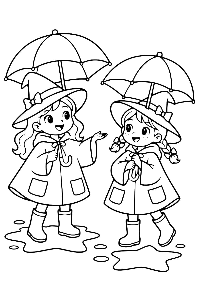 Dessin en noir et blanc de deux jeunes sorcières portant des chapeaux pointus, des capes et des bottes, chacune tenant un grand parapluie au-dessus d’elle sous la pluie.