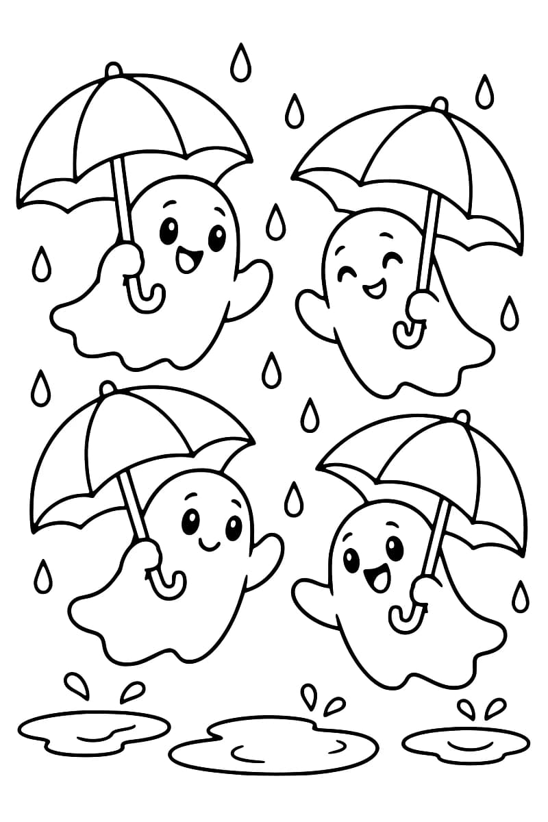 Dessin en noir et blanc montrant quatre fantômes souriants tenant des parapluies, entourés de gouttes de pluie et de flaques.