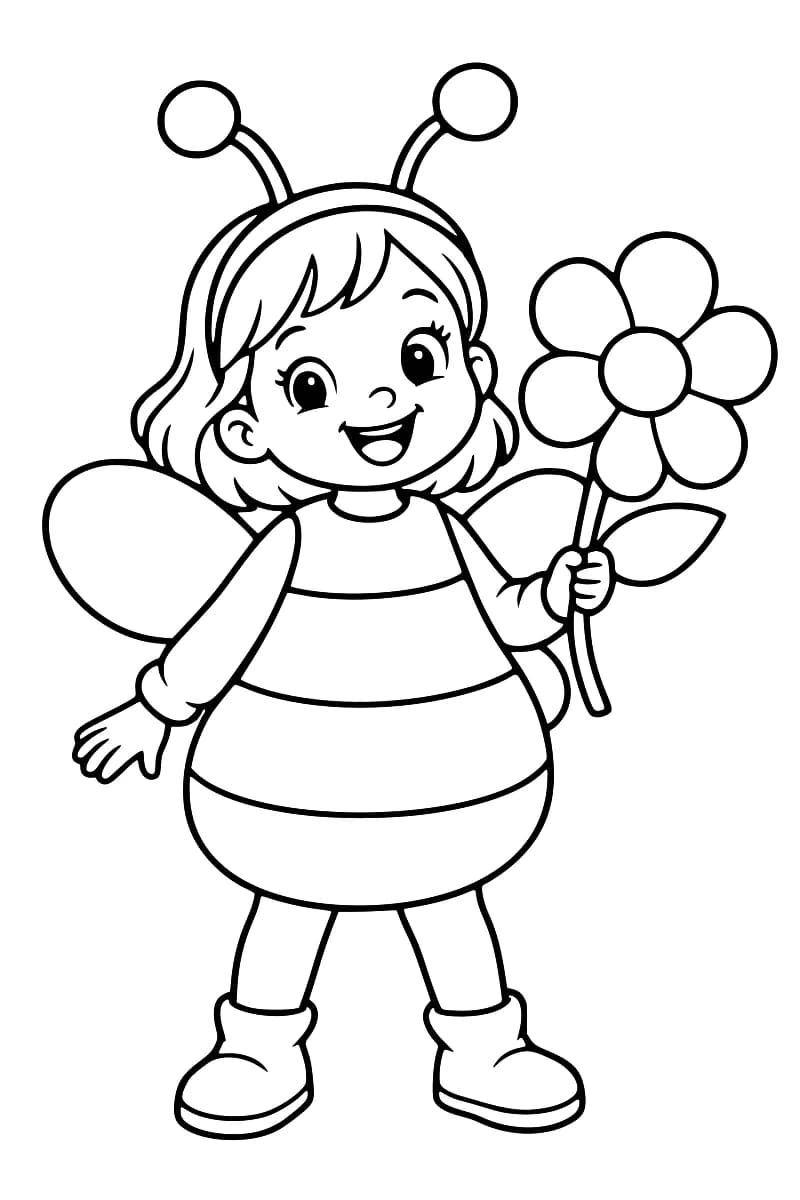 Dessin en noir et blanc d’un enfant portant un costume d’abeille à rayures, des ailes, un serre-tête à antennes et des bottines, avec une grande fleur à la main.