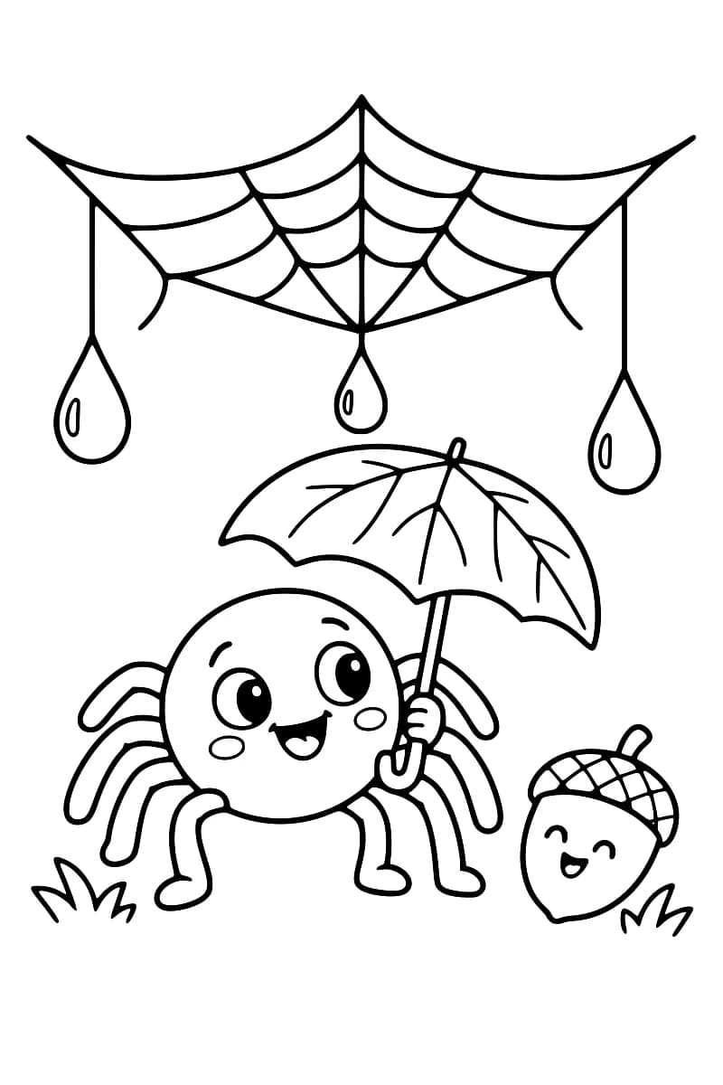 Dessin en noir et blanc d’une araignée souriante tenant un parapluie sous une grande toile d’araignée, avec des gouttes de pluie et un gland à ses côtés.