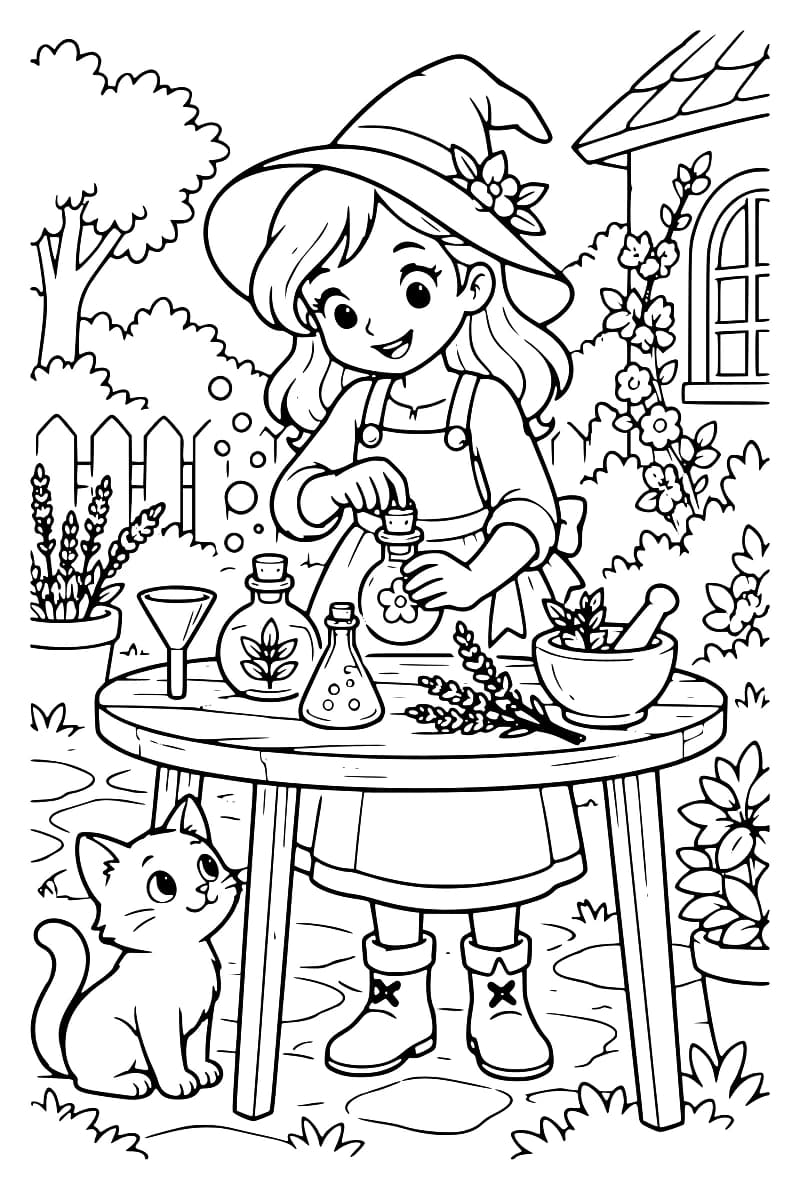 Dessin en noir et blanc d’une enfant coiffée d’un grand chapeau, qui manipule un flacon devant une table garnie de fioles, d’un entonnoir, d’un mortier et de plantes, avec un chat à ses côtés.