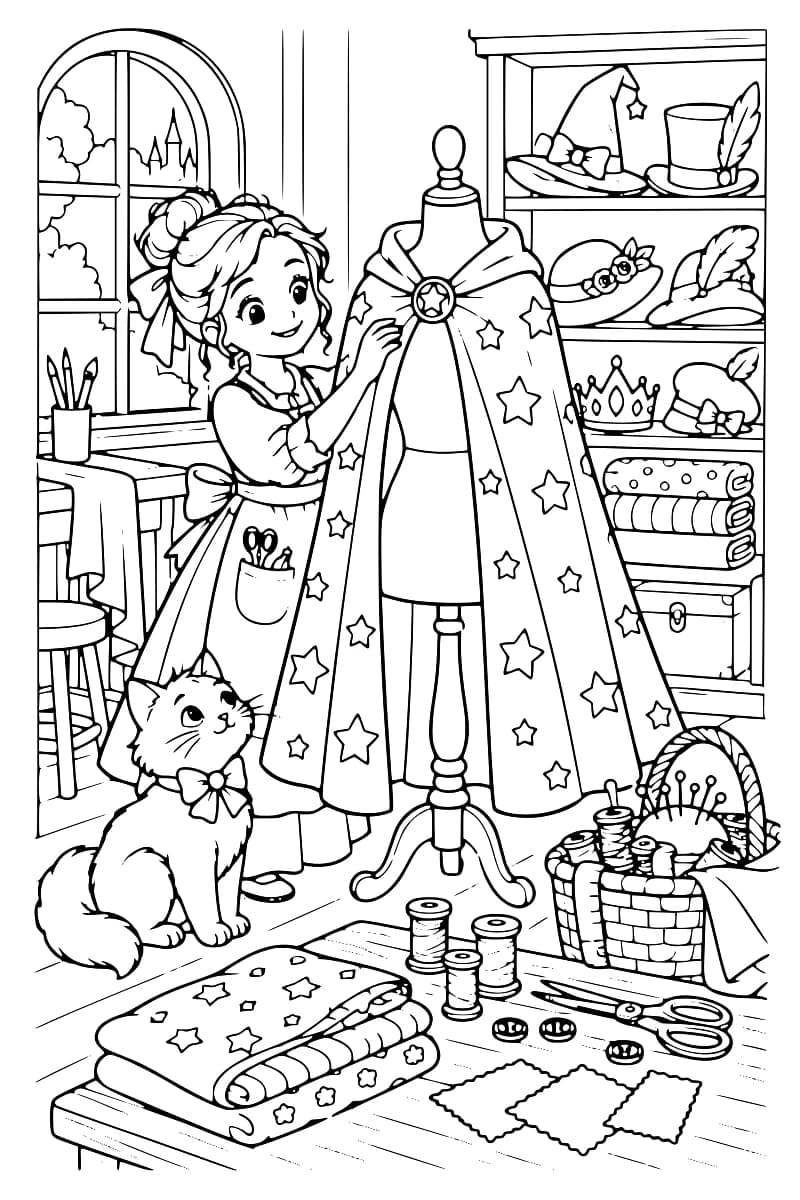 Une enfant et un chat se trouvent dans un atelier où un mannequin porte une longue cape décorée d’étoiles, avec des chapeaux, des bobines, des tissus et des ciseaux autour.