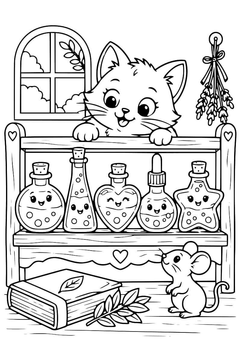 Dessin en noir et blanc montrant cinq flacons décorés sur une étagère, un chat posé au-dessus, une souris au sol, une fenêtre et un bouquet suspendu.