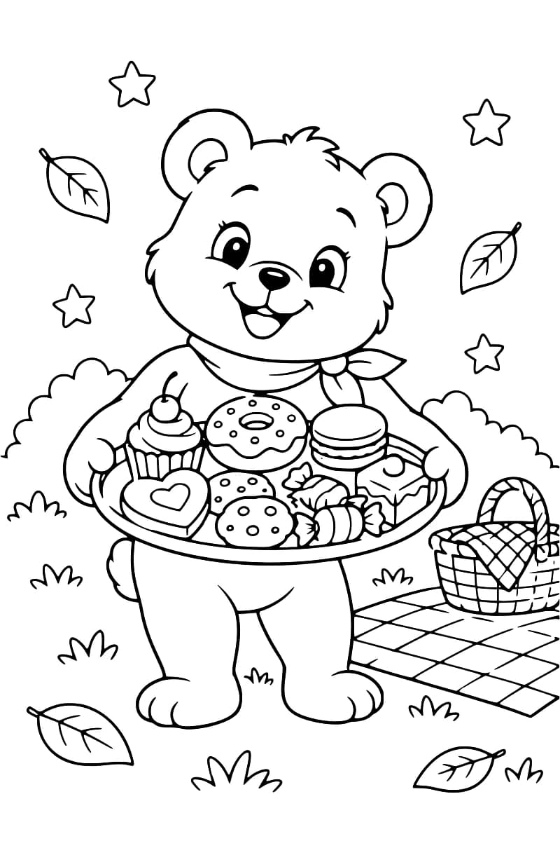 Dessin en noir et blanc d’un petit ours avec un nœud, tenant un grand plateau de douceurs devant un panier de pique-nique.