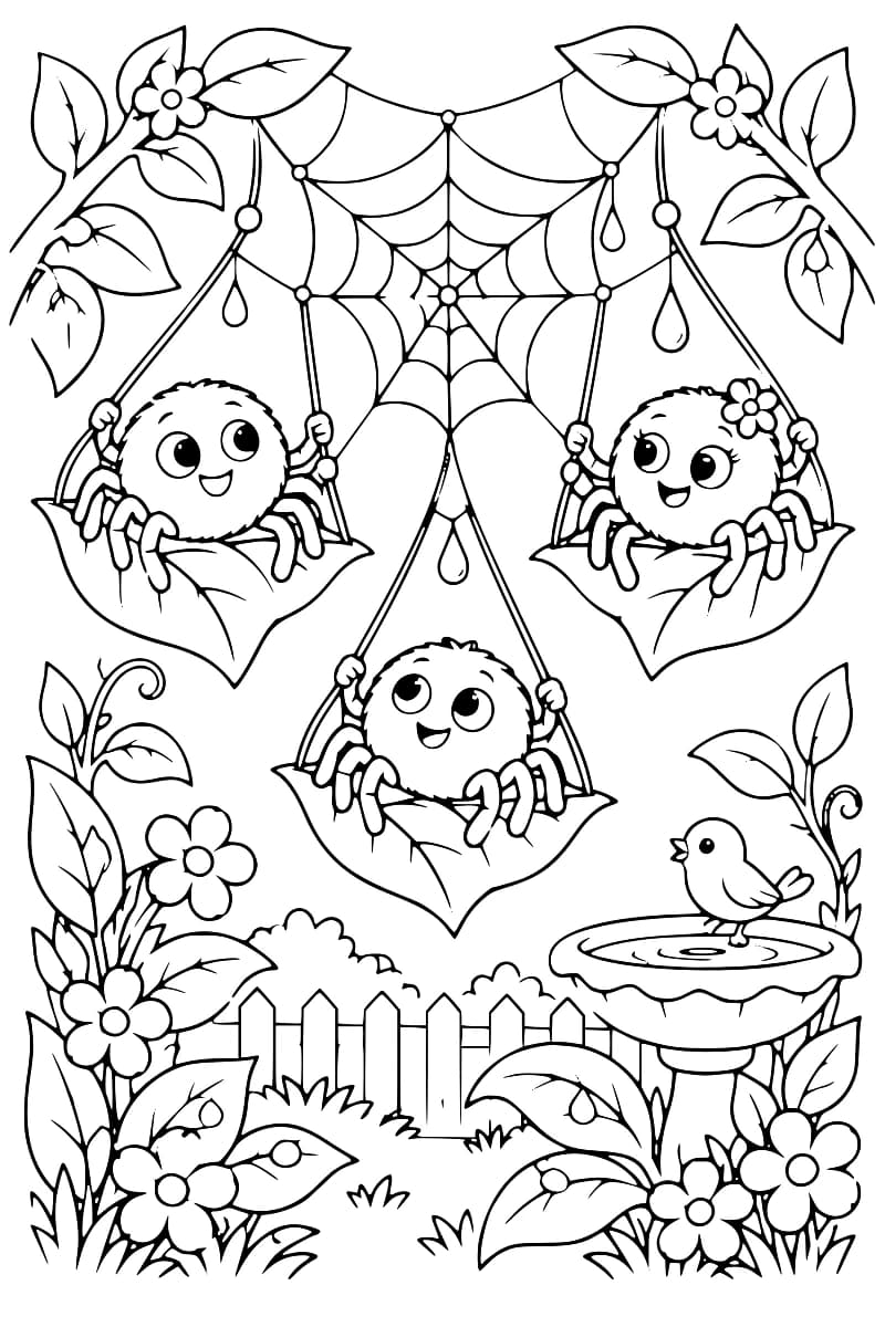 Dessin en noir et blanc montrant trois araignées souriantes sur des balançoires en forme de feuille, accrochées à une grande toile entourée de fleurs, de plantes, d’une clôture et d’un petit oiseau.