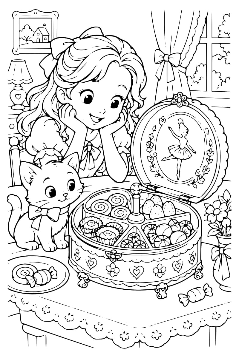 Illustration en noir et blanc montrant une fillette avec un chat devant une boîte à bonbons ouverte, décorée de motifs floraux et remplie de friandises.