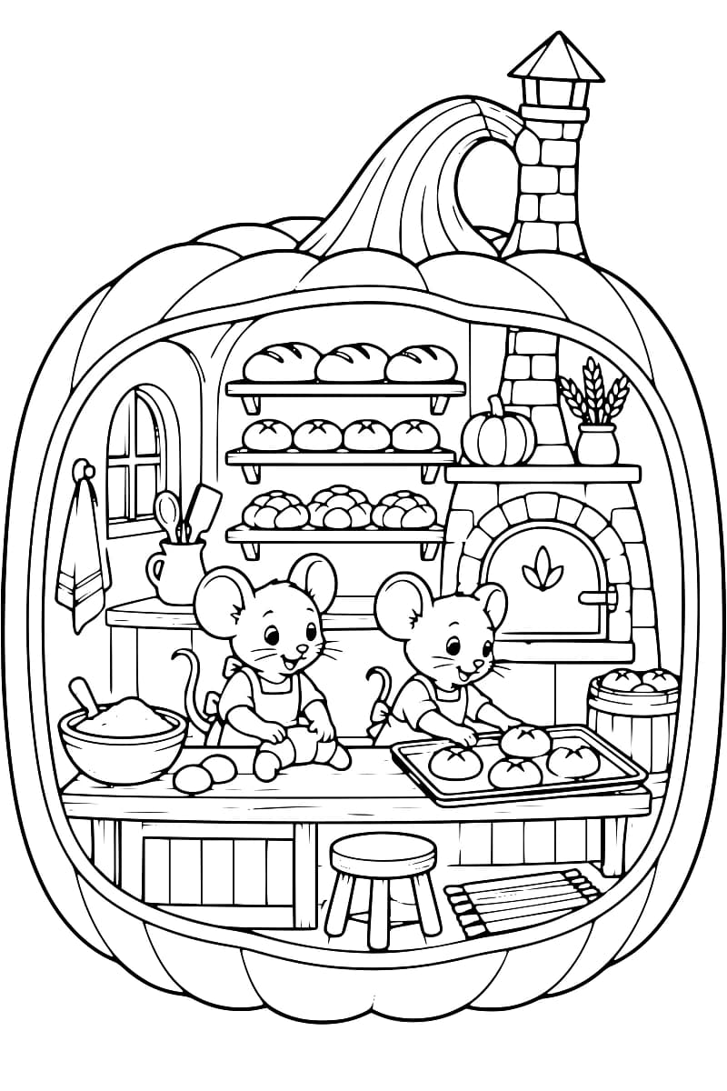 Dessin en noir et blanc d’une citrouille ouverte abritant deux souris en tablier derrière une table, avec de la pâte, un rouleau et une plaque de petits pains, des étagères garnies de pains et un four à cheminée.