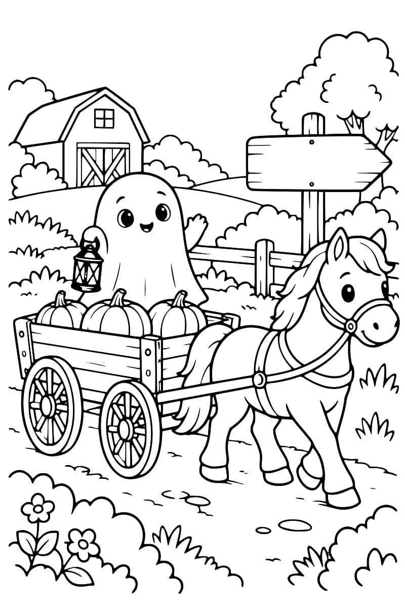 Dessin en noir et blanc d’un fantôme tenant une lanterne dans une charrette pleine de citrouilles, tirée par un cheval devant une ferme.