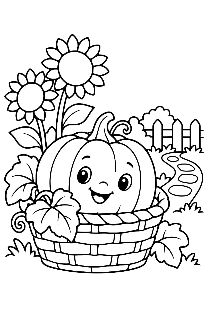 Dessin en noir et blanc d’une citrouille souriante dans un panier, avec des feuilles, des tournesols et une clôture en arrière-plan.