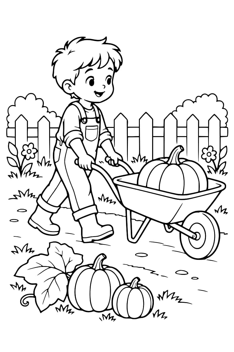 Enfant poussant une brouette contenant une citrouille.