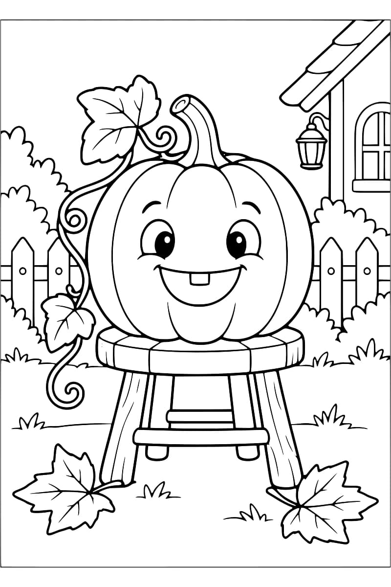 Coloriage d’une citrouille souriante assise sur un tabouret, avec une clôture, une maison, des feuilles et des vrilles autour.