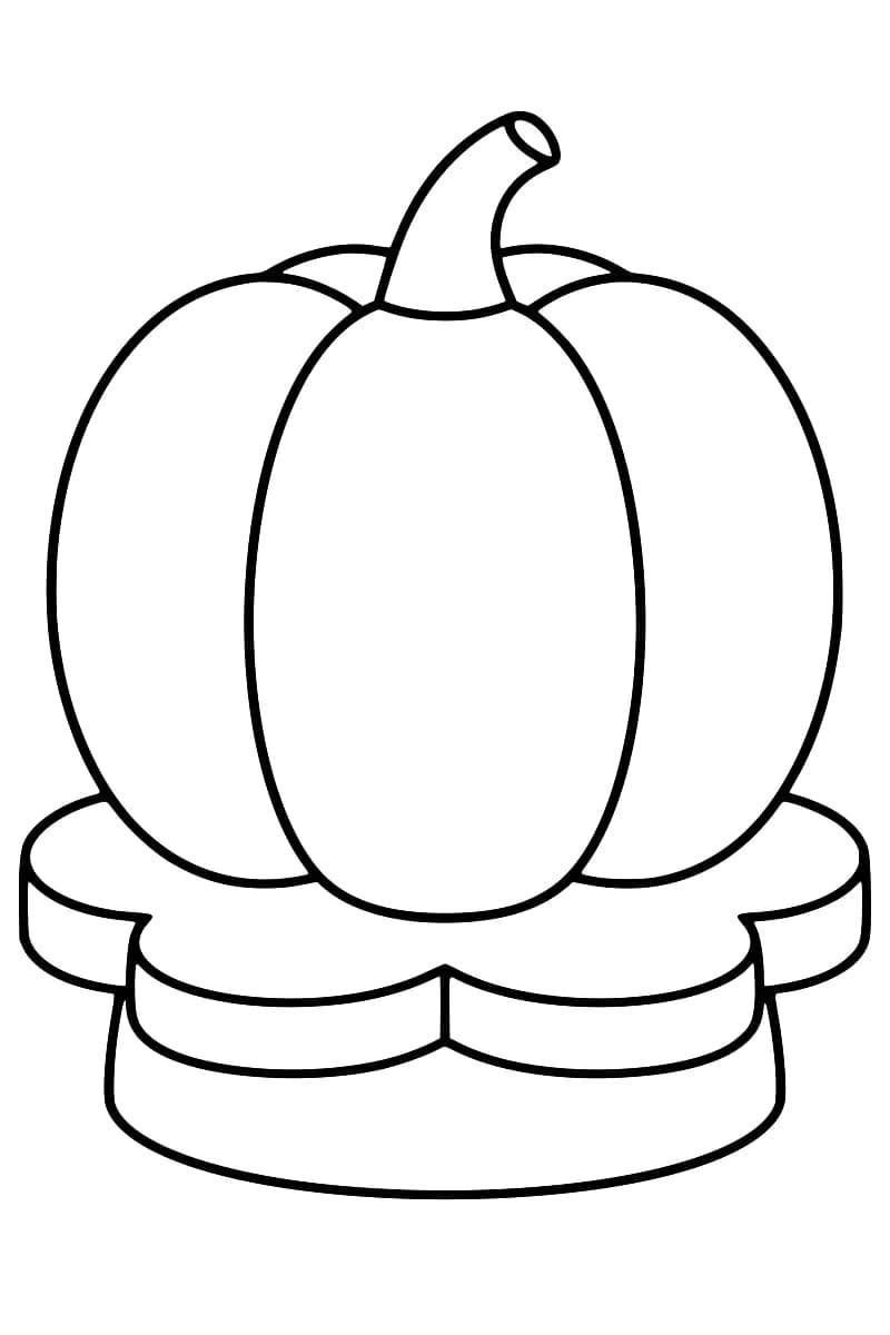 Grande citrouille sans visage, à trois larges sections, posée sur un socle en forme de fleur.